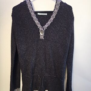 Maurices Black V-Neck Sweater with Button And Drawstring Waist